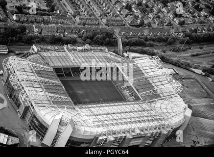 Black and white aerial photo of Manchester United`s Old Trafford Stadium Stock Photo